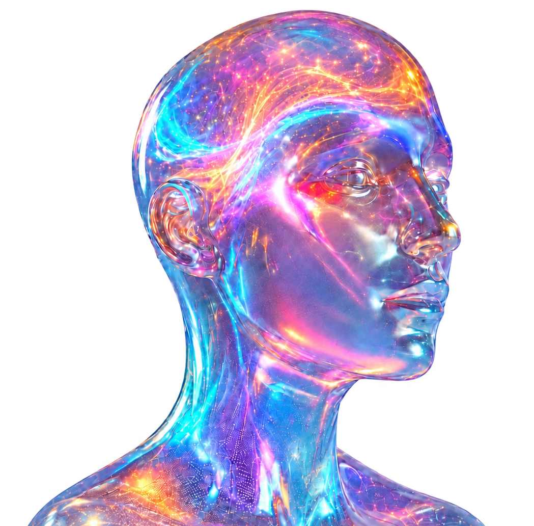 Translucent iridescent figure with light tracing through it